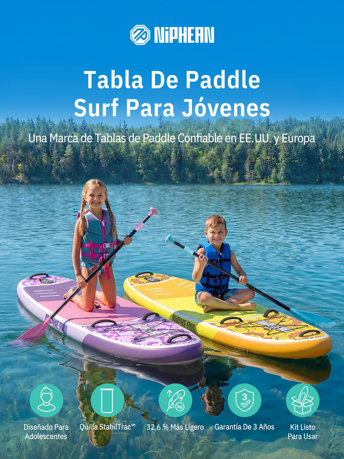 Niphean (Extra Grande) Tabla Paddle Surf Hinchable para 2+1 Personas/Familia, Paddle Surf con (Apto para Principiantes) Aleta Equilibrada, Funda Waterproof, Sup Board para Adultos, Regalo