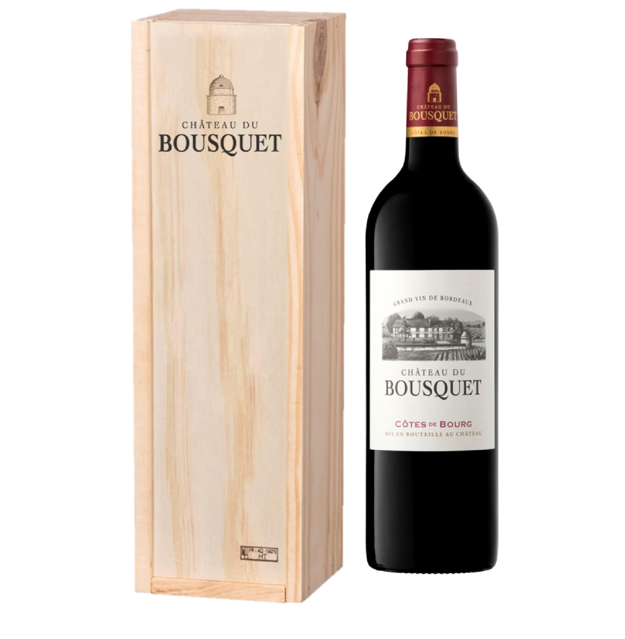 Geschenkbox Holzkiste Château du Bousquet AOP Côtes de Bourg – Großer Bordeaux Rotwein – – Eleganter Bordeaux, ideale Geschenkidee für Weinliebhaber