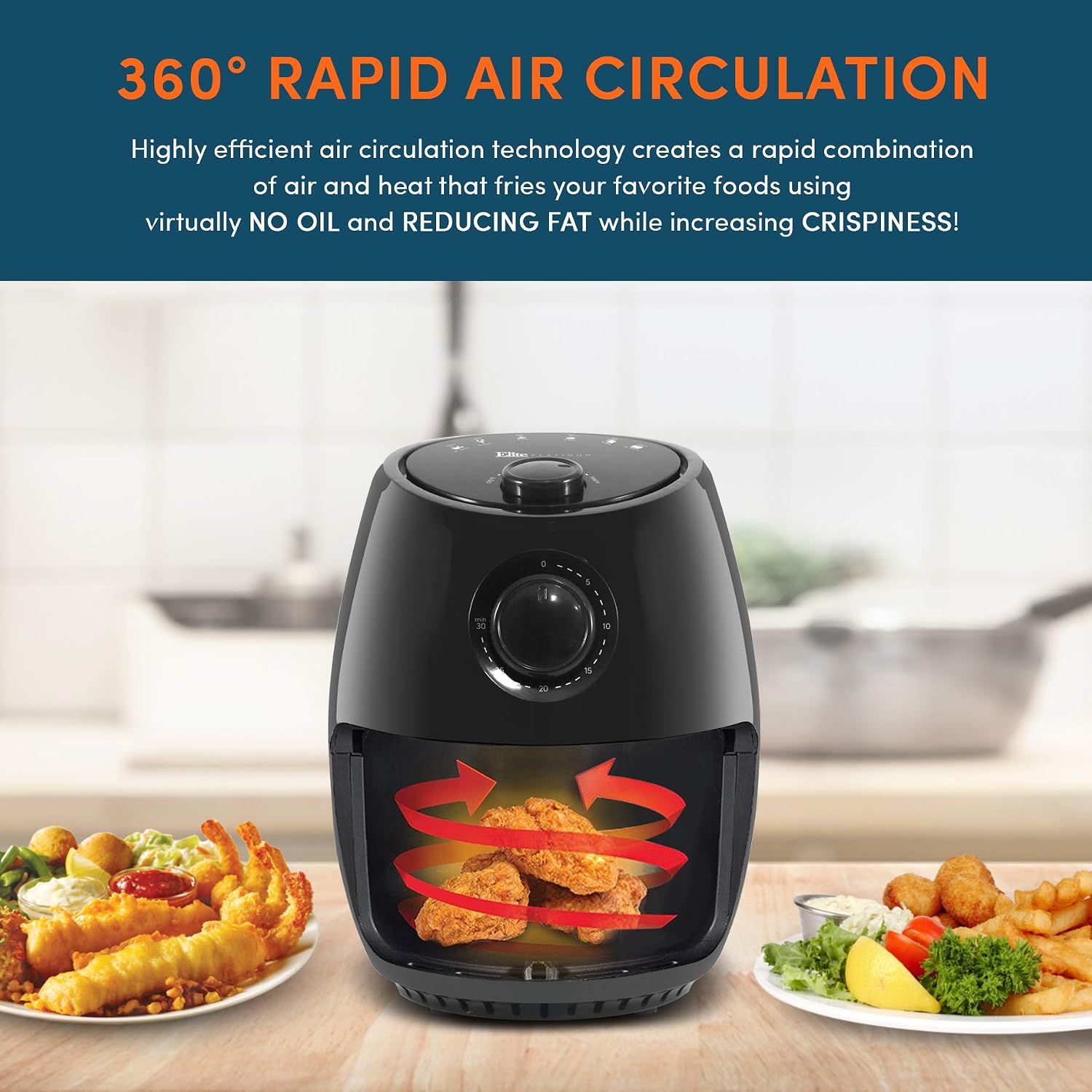 Elite Gourmet EAF-8061 Personal Compact Space Saving 2.1 Quart Electric Hot Air Fryer 1000-WattsOil-Less Healthy Cooker, Temp/Timer Settings, Includes Recipes