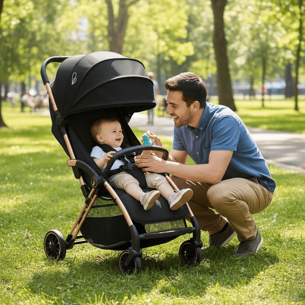 Silla de Paseo Ligera para Bebé desde Nacimiento, Carrito Bebé Plegado Automático con Una Mano, Capota UPF50+ con Ventana, Respaldo Reclinable y Suspensión – Asalvo PLIS PLAS Dorado