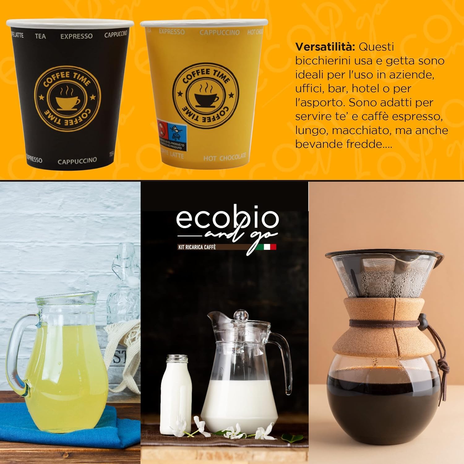 Ecobio and Go - 500 Bicchieri Acqua di Carta, 8oz (240ml), Biodegradabili e Compostabili, Perfetti per Bevande Calde e Fredde, Nessuna Plastica, Black Edition