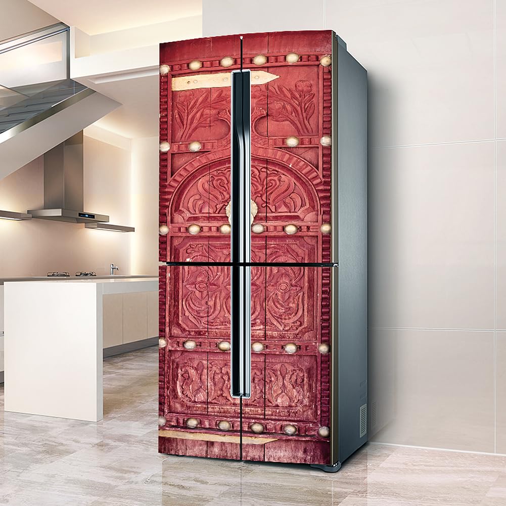Fridge Stickers, Fridge Sticker Full Covering Door Covers Skins Wall Stickers for Kitchen Decal, Retro red Medieval(L: 100x180 cm)