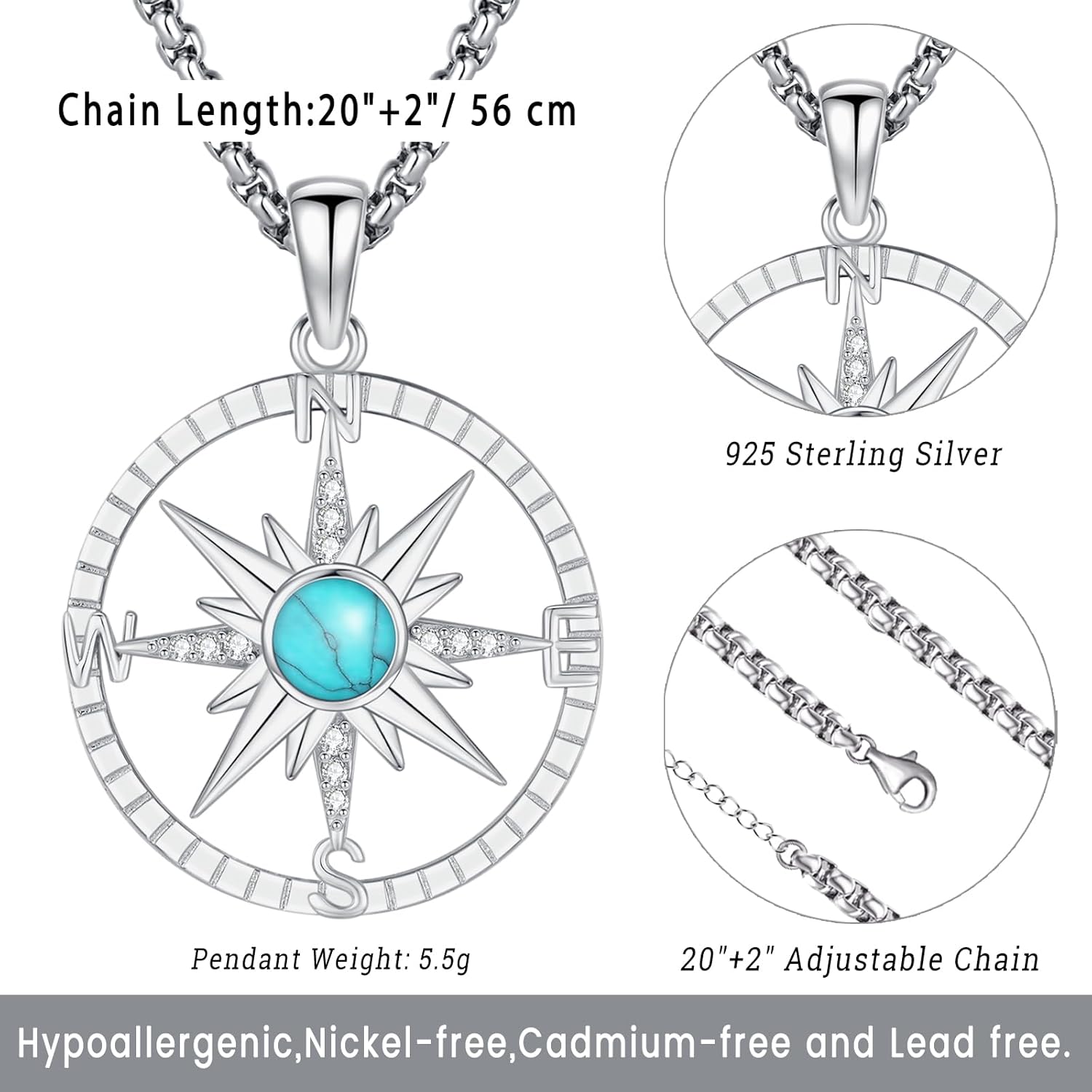 Compass Necklace for Women Men 925 Sterling Silver Pendant Urn Necklaces for Ashes Picture Locket Necklace Anchor Necklace Viking Necklace Crystals CZ Moonstone Abalone Shell Turquoise Compass Jewelry - Image 4