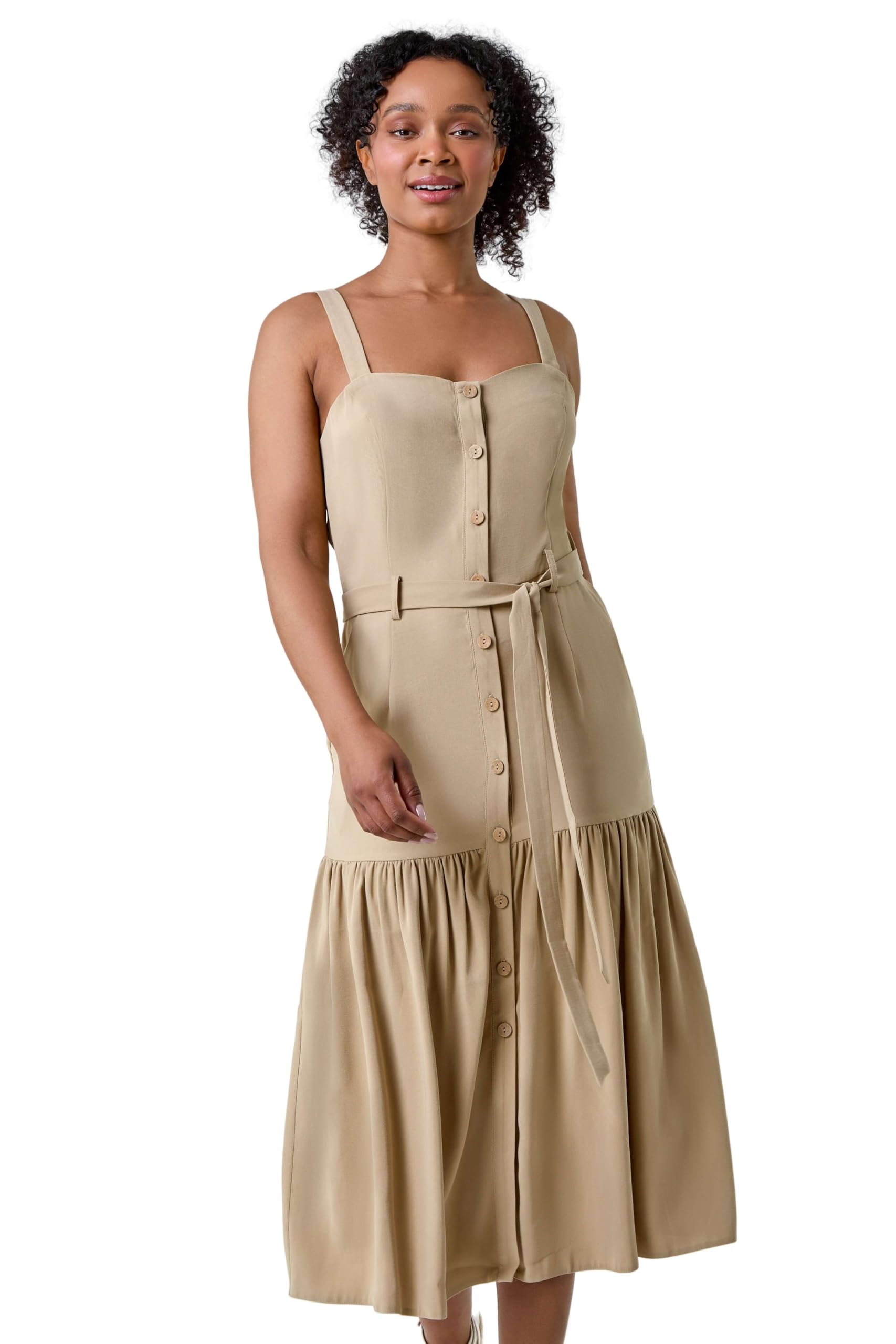 Roman Women's Petite Button Front Tiered Midi Dress in Stone | Size: 18