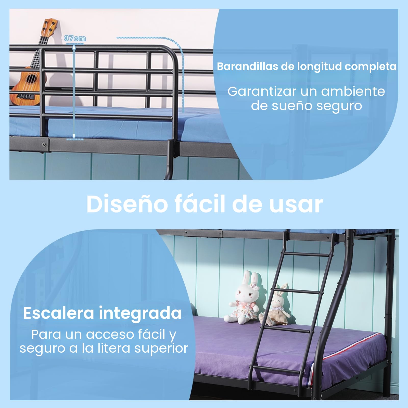 Litera de 90 x 200/140 x 200 cm con Somier, Cama Infantil con Escalera y Protección Anticaídas Cama Alta - Negro