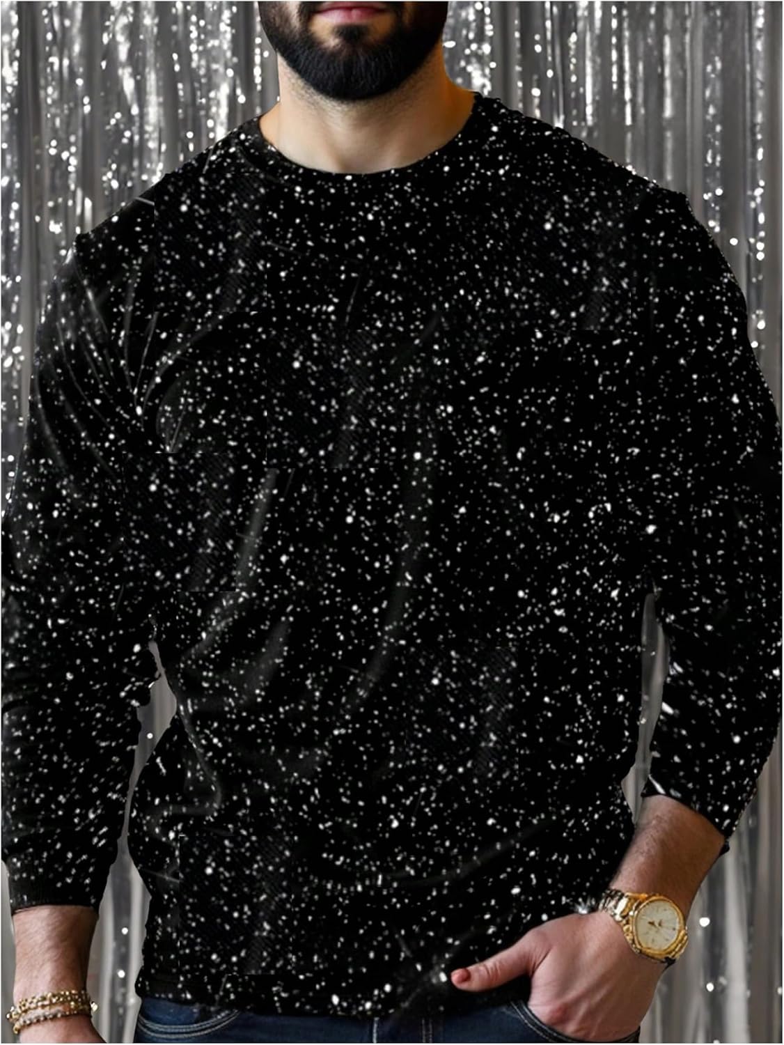 Men's Glitter Graphic Print Crewneck Sweatshirts Long Sleeve Pullover Tops Fall Clothes - Image 2