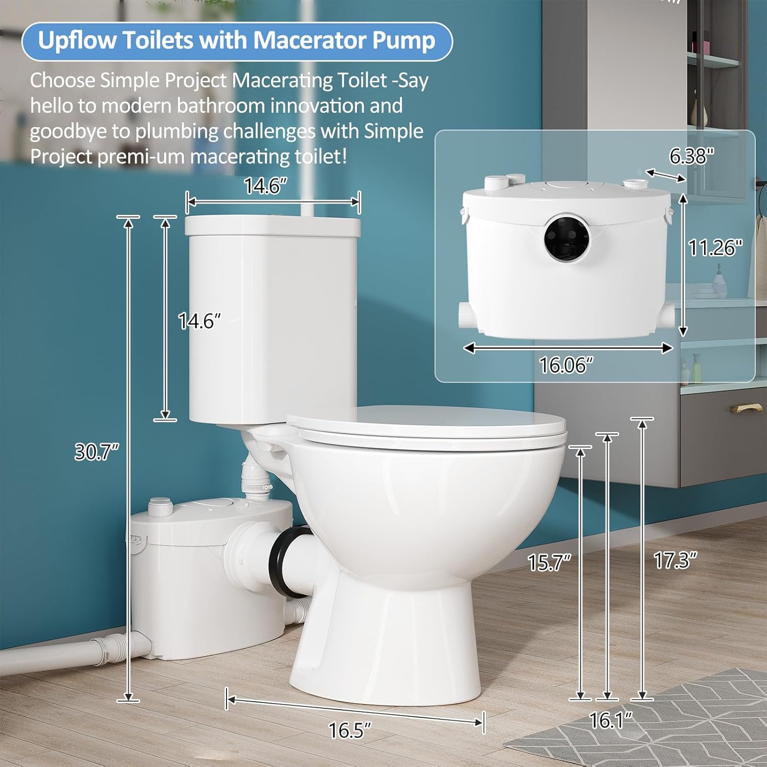 Simple Projec 600w Macerating Toilet System, Silent & Powerful Upflush Toilet for Basement, Upflow Toilets Included Macerator Pump with Ac Vent & 4 Water Inltes For Bathroom- 2-piece Kit