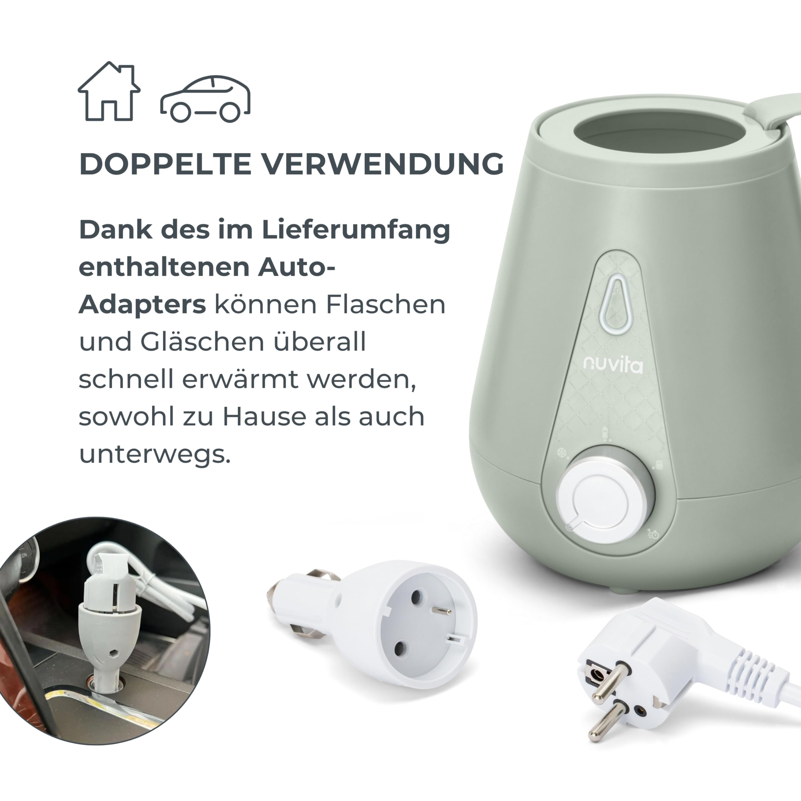 Nuvita 1165 Tragbarer Baby Flaschenwärmer für Zuhause und Auto & Sterilisator für Baby-Flaschen, Baby-Nahrung und Muttermilch - Babykostwärmer für Fläschchen und Gläschen - Sage Green