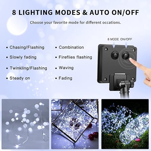 Miniatura 5 de JMEXSUSS Paquete de 4 100 luces LED solares de hadas, 33 pies, luces solares blancas para exteriores, impermeables, 8 modos, alambre de cobre, luces