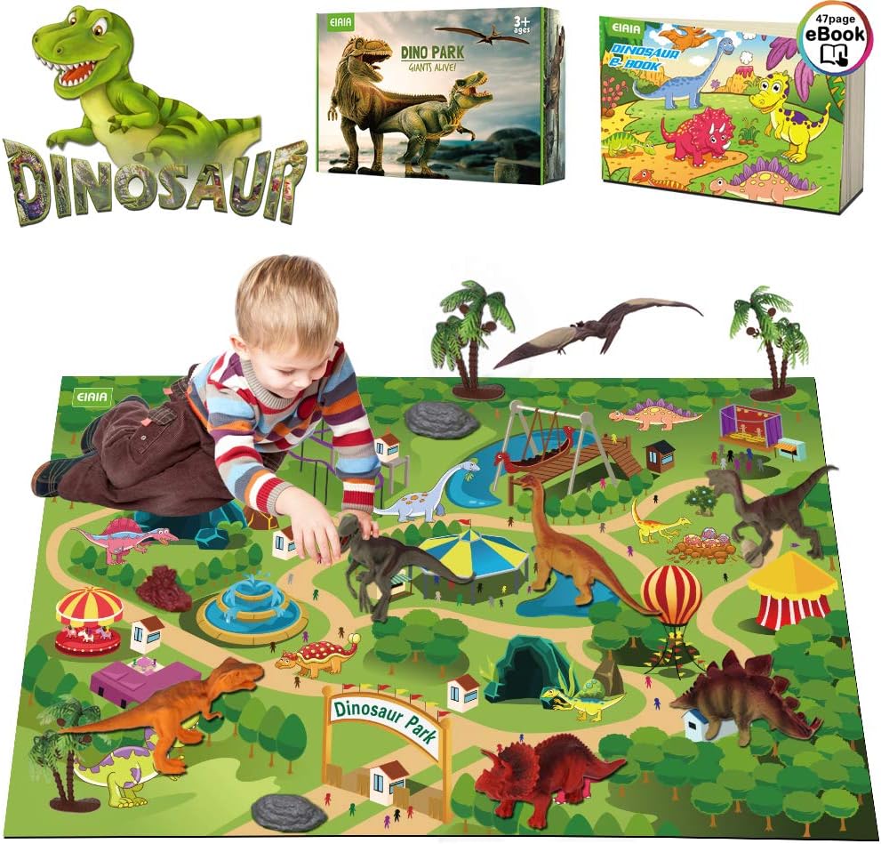 EIAIA Dinosaur Toys Activity Play Mat - 9 Realistic Dinosaur Figures Playset to Create a Dino World, Preschool Educational Toy for Age 3 4 5 6 Year Old Boys, Best Toy Gift for Kids Toddlers Girls