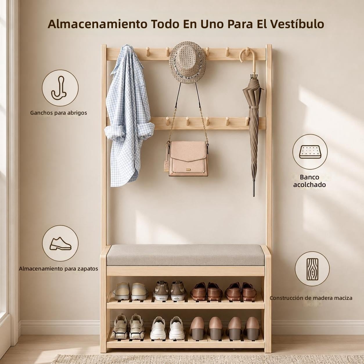 Árbol de recibidor de Madera Maciza con Banco para Zapatos tapizado, Perchero, Zapatero, Organizador de Almacenamiento Todo en uno para el hogar