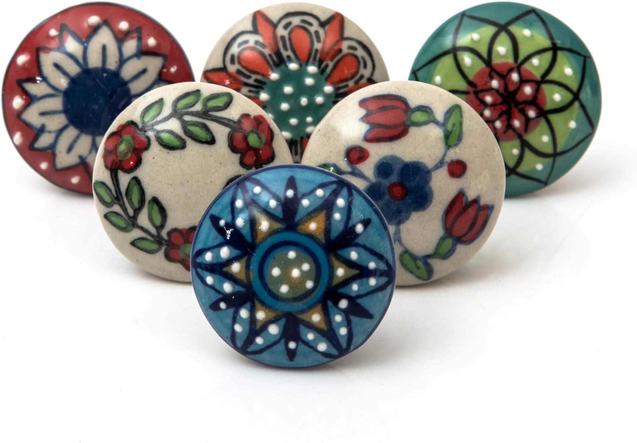 FOLK CRAFT Dresser Knobs for Cabinets and Drawers - Assorted Mix Design Decorative Floral Multicolor Ceramic Knob for Kitchen Cupboard Wardrobe - Pack of 6