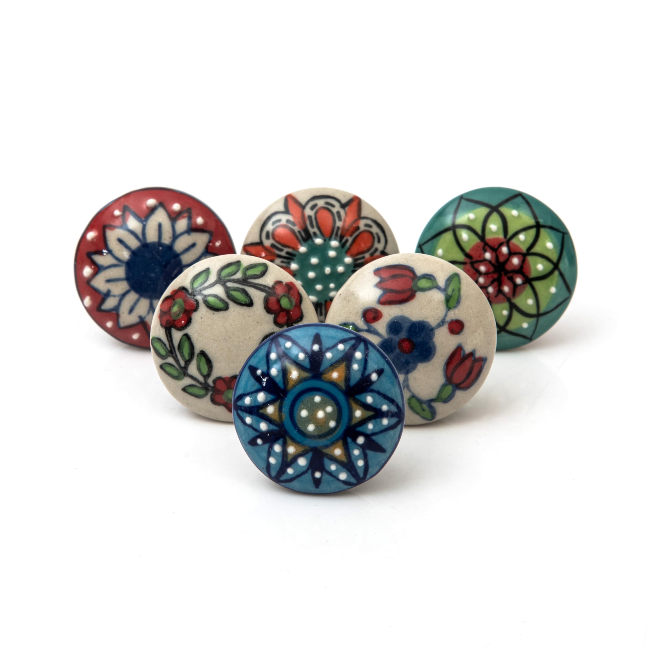 FOLK CRAFT Dresser Knobs for Cabinets and Drawers - Assorted Mix Design Decorative Floral Multicolor Ceramic Knob for Kitchen Cupboard Wardrobe - Pack of 6
