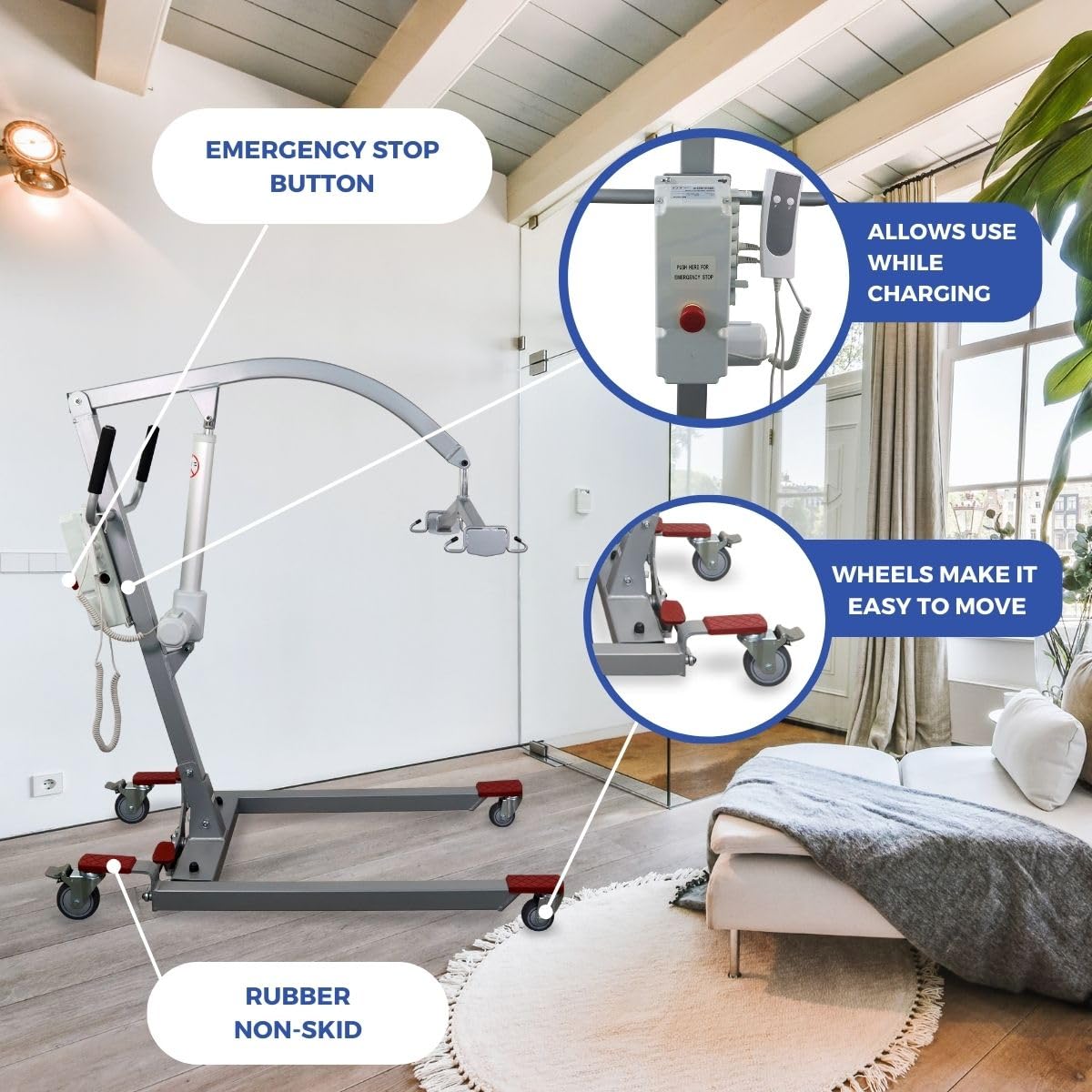 Mobiclinic®, Elektryczny Podnośnik Pacjenta dla Seniorów, do 180 kg, w Zestawie Uprząż do Przenoszenia, Regulowana Szerokość, Można Używać Podczas ładowania, Kółka z Hamulcami, Fortuna Basic