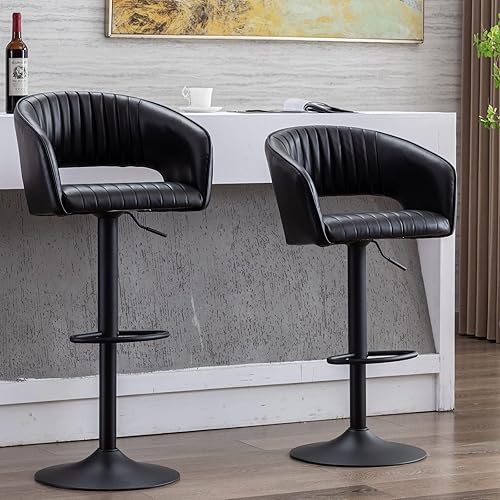 ZHENGHAO Juego de 2 taburetes de bar de cuero negro ajustables con respaldo, sillas de bar tapizadas de piel sintética para mostrador, para