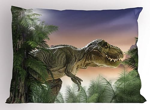 Ambesonne Jurassic - Funda de almohada, dinosaurio en la selva, bosque, naturaleza, bosque, violencia depredadora aterradora, decorativa, tamaño