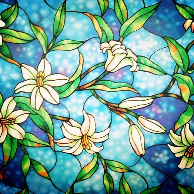 Lifetree Stained Glass Window Film Privacy: Window Frosting Film Self Adhesive Window Film Flower Decorative Patterned Static Cling Films for Home Office Bathroom (Blue, 44.5*200cm)