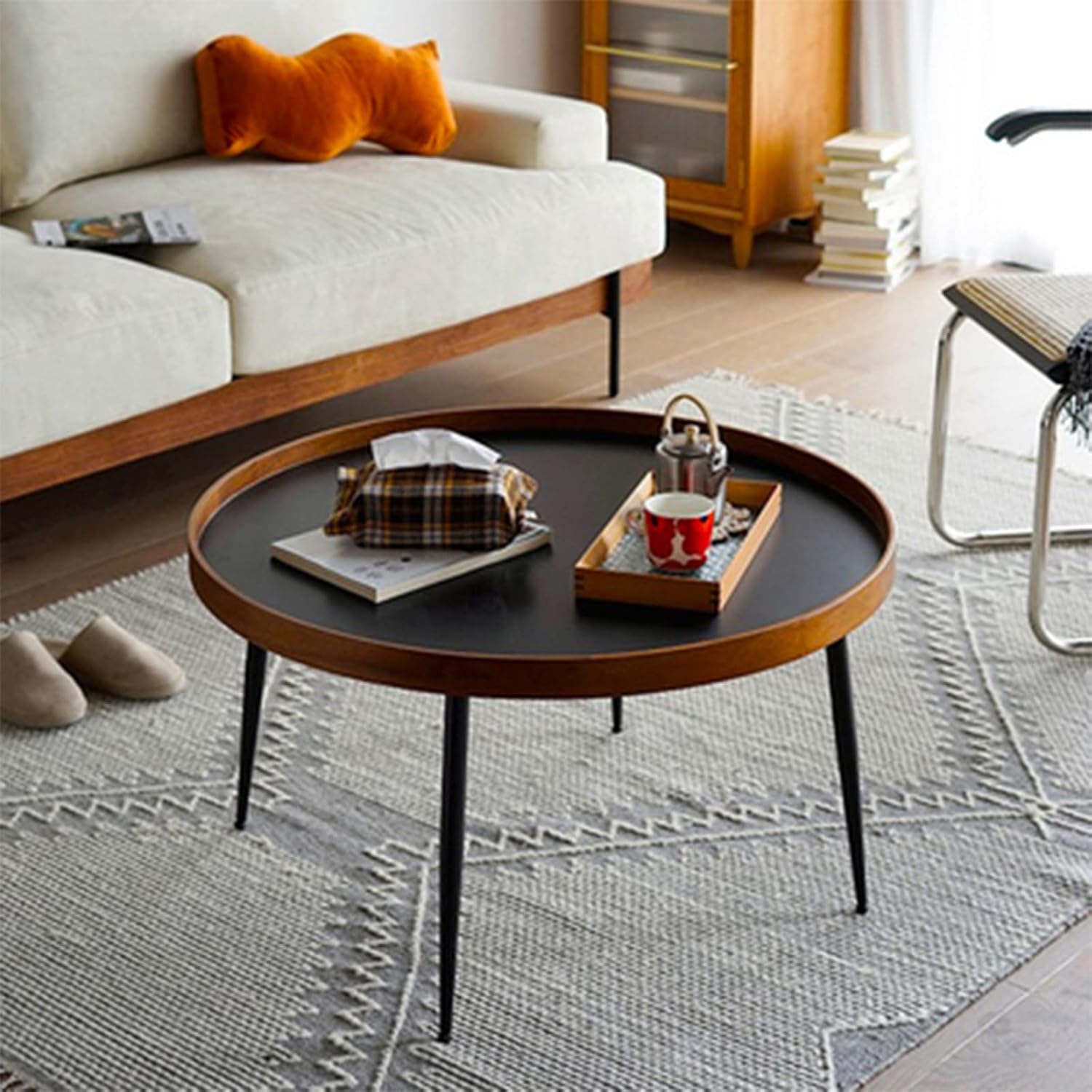 Side Table/End Table,Round Wood Accent Side Coffee Tables with Sturdy Metal Frame Rising Tabletop for Living Room Reception Room,Black Walnut,50x50x34.5cm