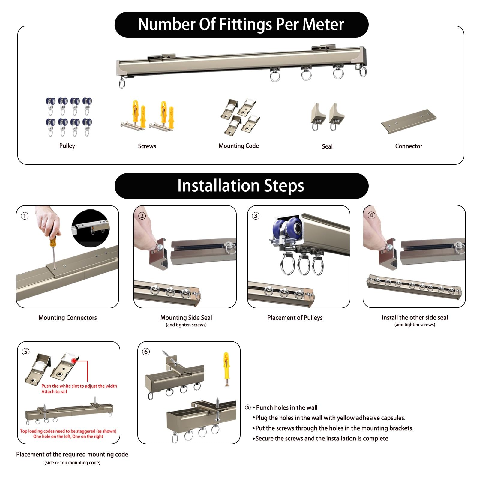 Rail de Rideau en Aluminium, Système de Rail de Rideaux Coulissant Multi-usages, Avec Bande Silencieuse et Rouleaux Coulissants for Les, Grand Rail Carré Ultra-robuste, Rail de Rideaux Plafond(Champag
