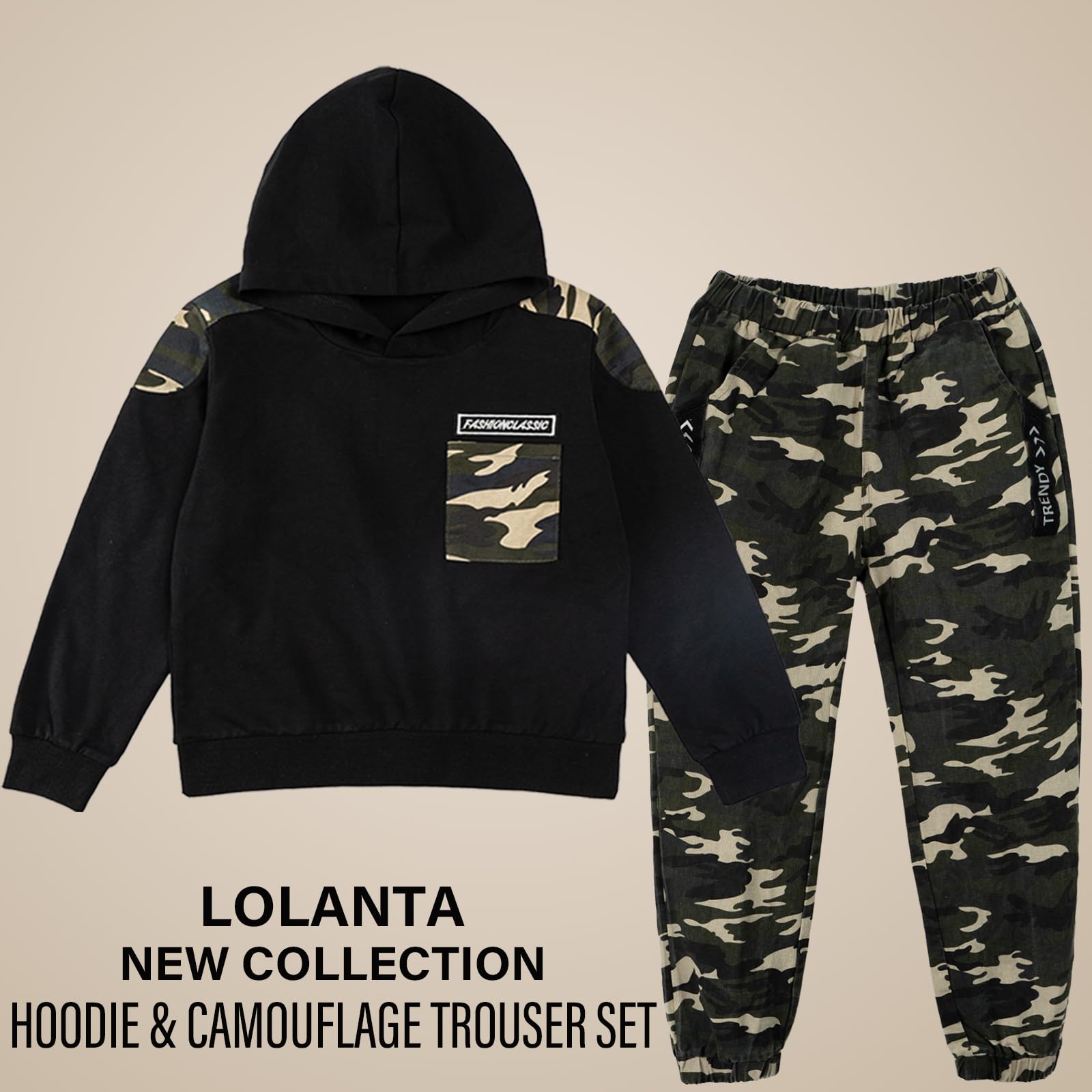 LOLANTA 2PCS Enfants Survêtement Ensemble Sweatshirt à Capuche et Pantalon de Cargo Camouflage pour Garçons 6-13 Ans