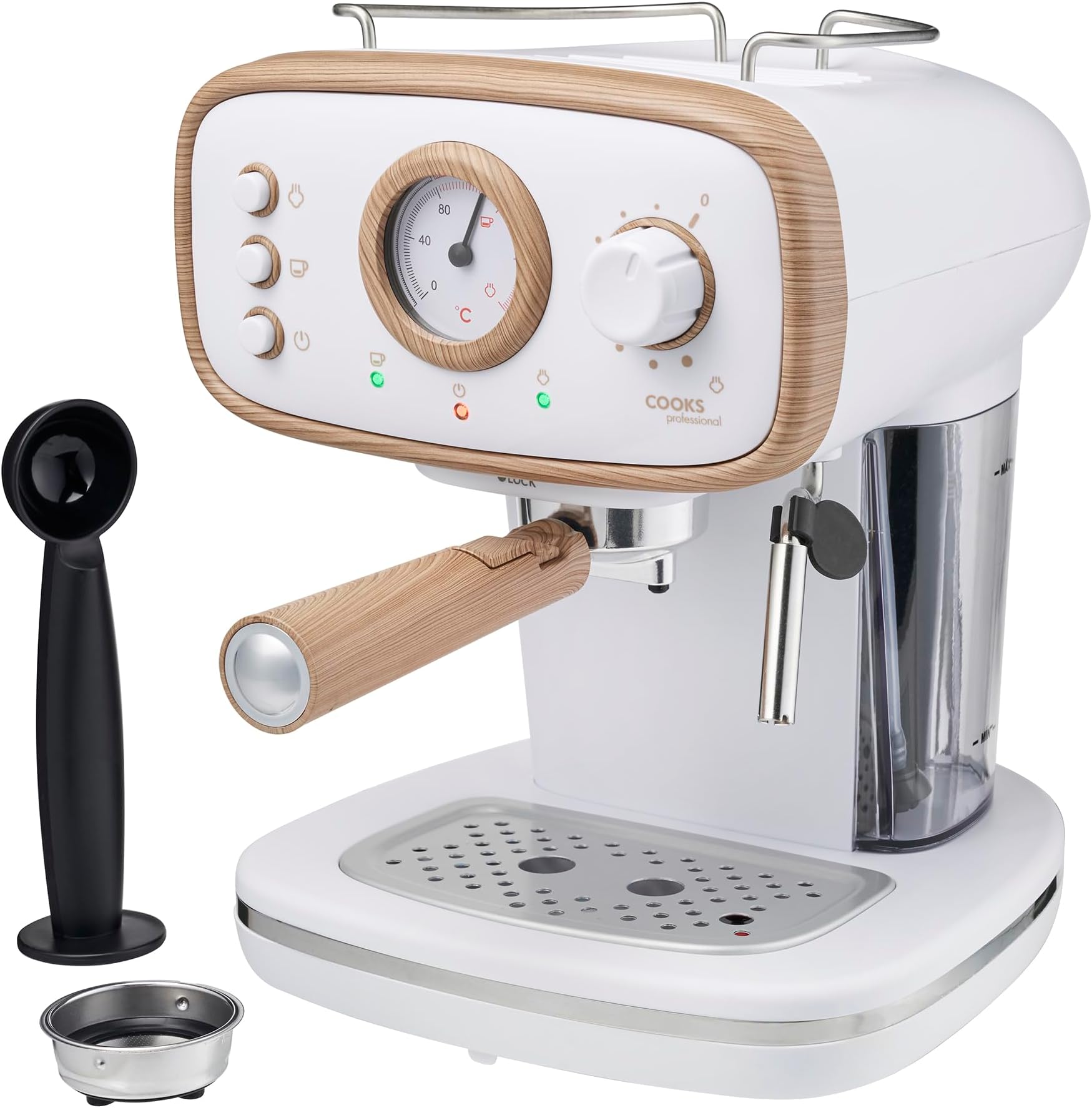 Cooks Professional 15-Bar Retro Espresso Coffee Machine with Frothing Steam Wand, Built-In Temperature Gauge, 1.2L Water Tank & Stainless Steel Drip Tray | Nordic White