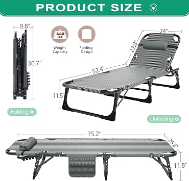 NAIZEA Folding Camping Cots,Adjustable 4-Gear Sleeping Cots for Adults,Foldable Cot Bed, Folding Chaise Lounge Chair,Portable Reclining Chair for Beach Lawn Camping Pool,Sunbathing Chairs