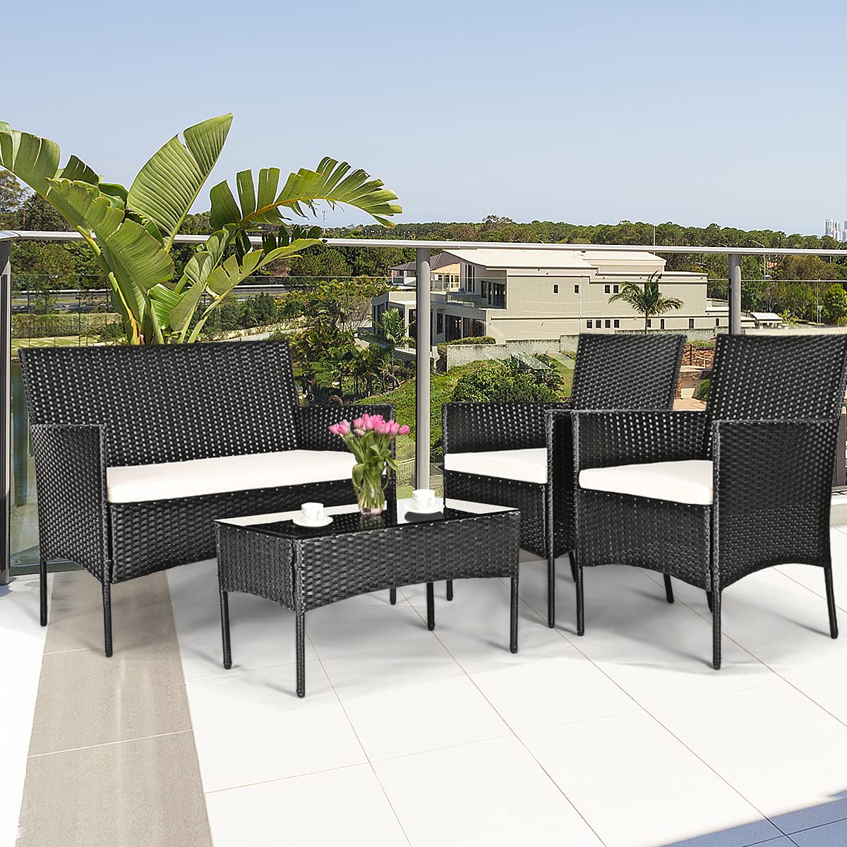GIANTEX Juego de Mueble de Ratán 4 Piezas, Conjunto de Mesa y Sillas para Jardín, con Mesa de Café Rectangular de Vidrio Templado, Sillas de Jardín con Cojines para Terraza, Patio, Jardín