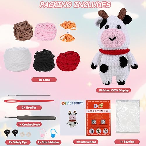Miniatura 5 de Crochet Animal Kit  10in Big Adorable COW, Amigurumi Crochet Kit For Intermediate Advanced Level, Kids Knitting Kit With Detailed Videos Tutorials,