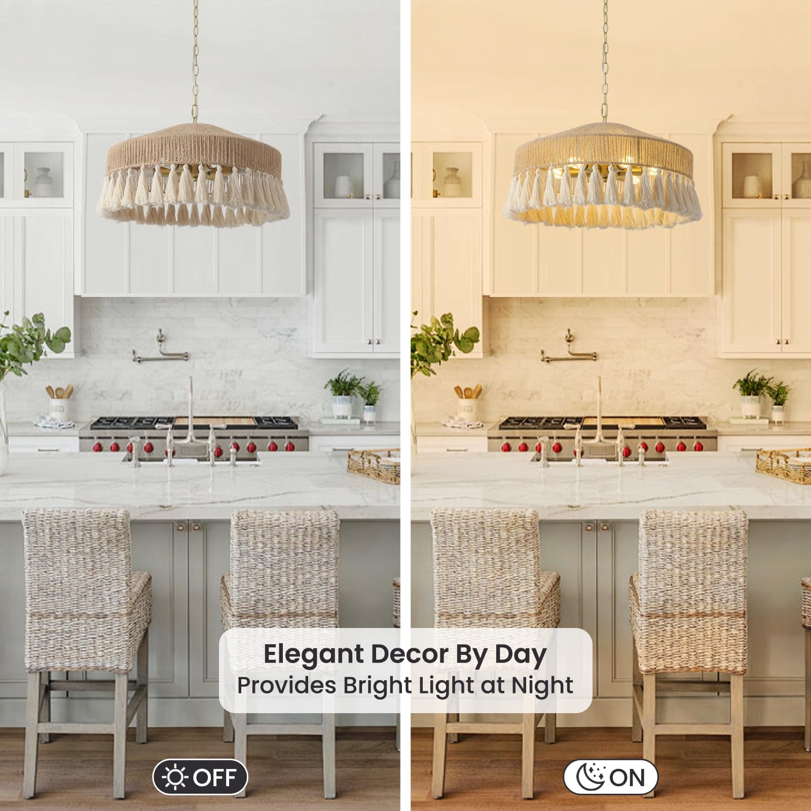 Boho Hand Woven Chandelier Large Rattan Pendant Light 19.5in 6 Lights Chandelier Coastal Style Ceiling Lighting Fixtures for Living Dining Room Kitchen Bedroom Nursery Girls Room