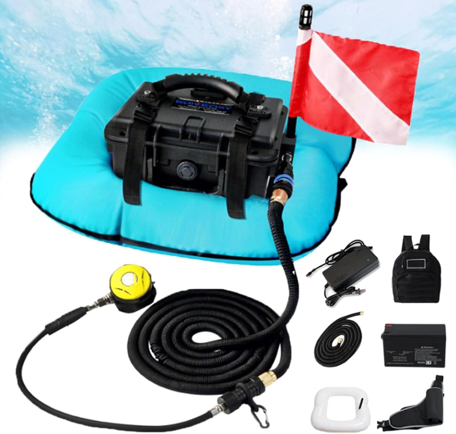 Scuba Diving Ventilator Tankless Diving System, Underwater Breathing Device, Portable Rechargeable Diving Equipment Respirator with 9m Hose & Breathing Regulator Blue-1Battery