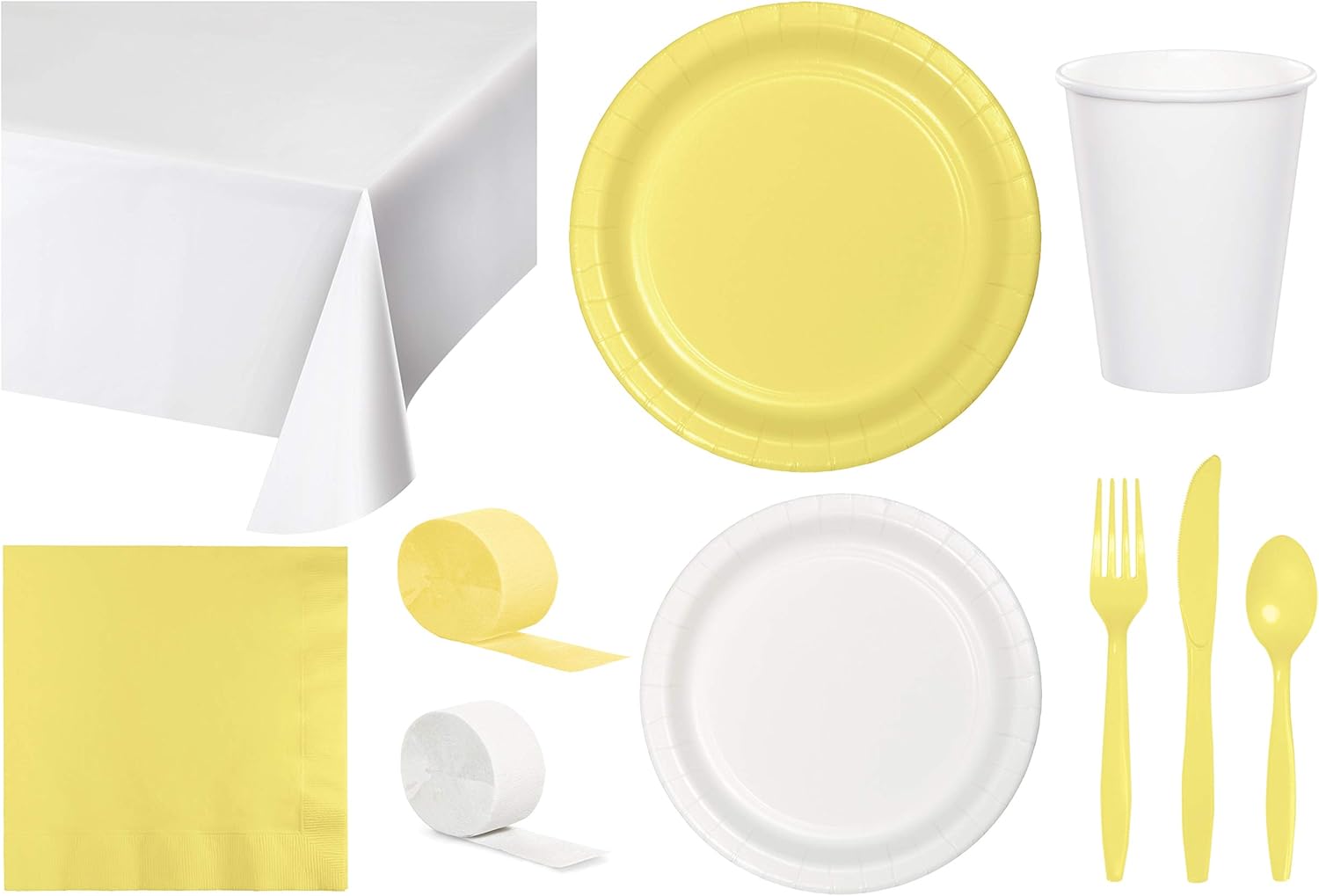 Baxters Party Bundle Bulk, Tableware for 24 People White and Mimosa Yellow, 2 Size Plates Napkins, Paper Cups Tablecovers and Cutlery, Box of 199