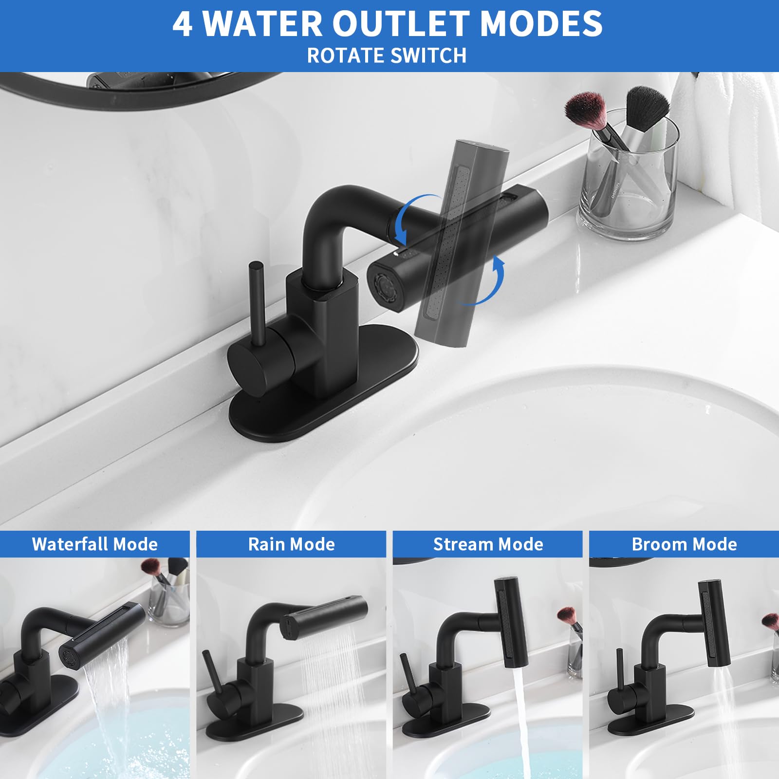 RUMOSE Matte Black Bathroom Faucets with 4 Mode Pull Down Sprayer