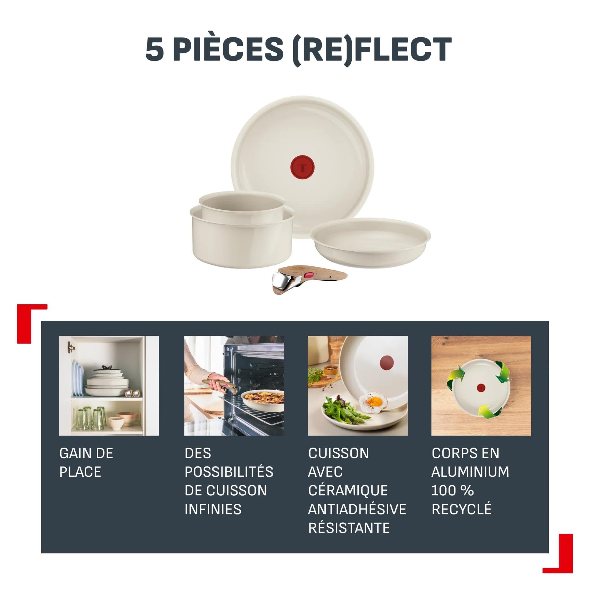 Tefal (Re) flect, Batterie de cuisine 8 pièces, Poêles et casseroles empilables, Poignée amovible, Céramique antiadhésive, L3699302