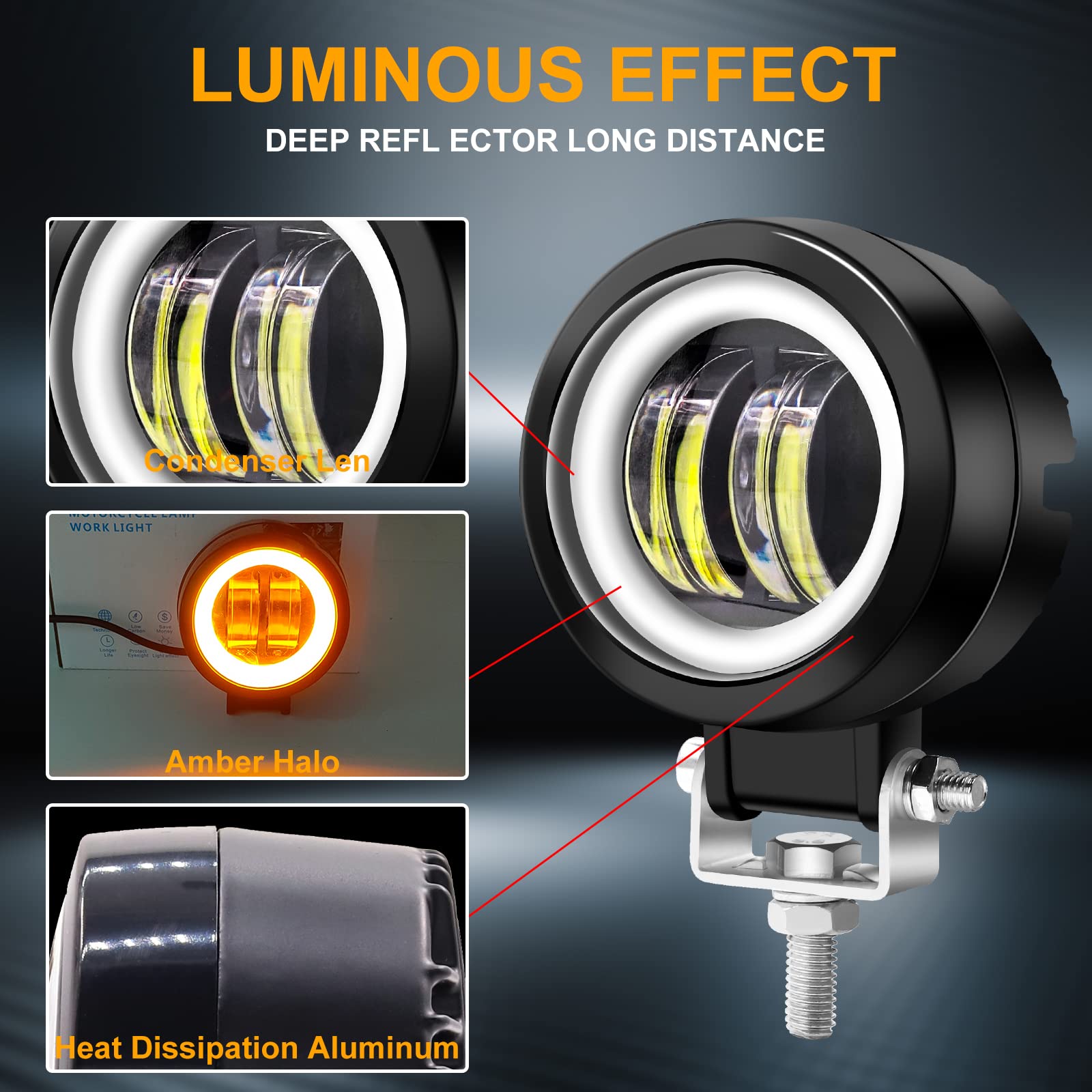 Biqing 2 luci aggiuntive per moto con ambra Angel Eye, rotonde da 3 pollici, 20 W, fari LED per motociclette anteriori 12 V/24 V, faro di lavoro, fendinebbia, luci di giorno per motociclette, DRL, con