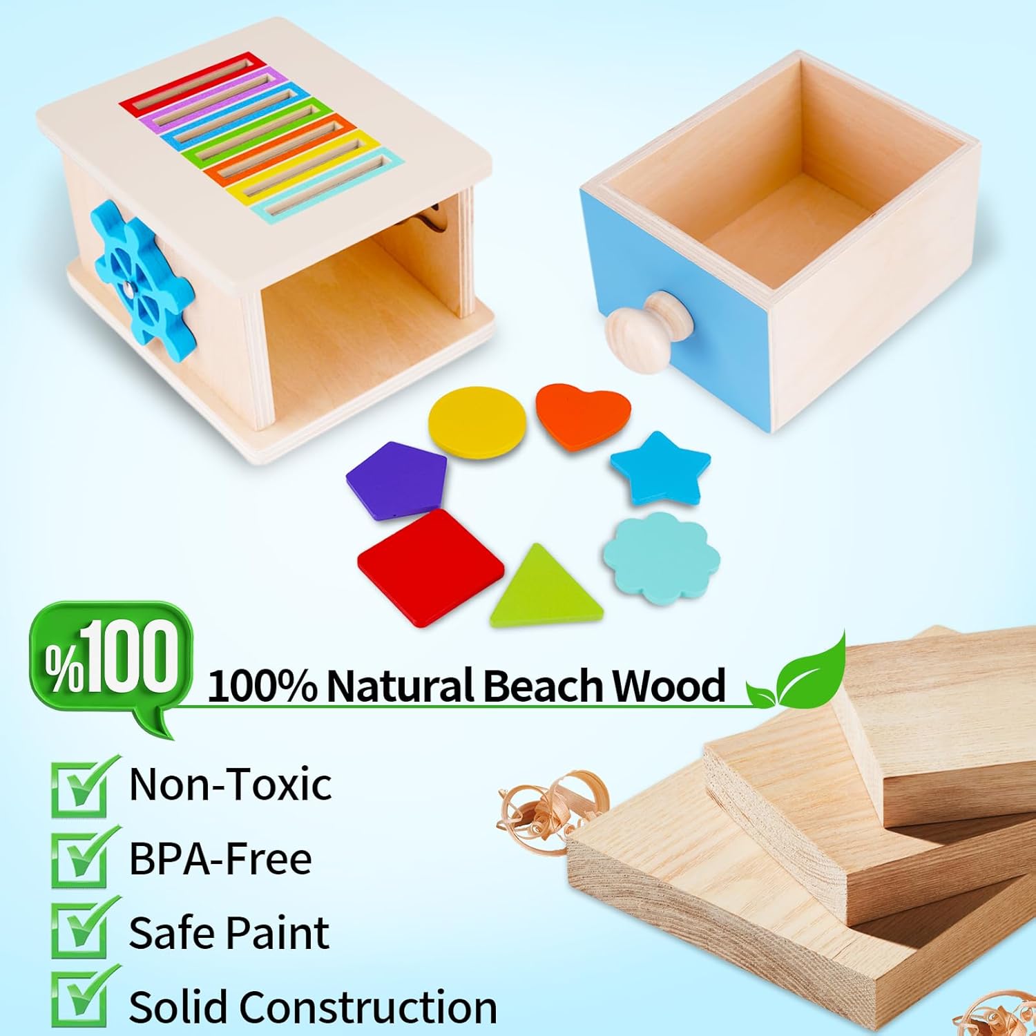 FCSONU Toddlers Montessori Coin Box Toys for 1 2 3 Year Old Boys Girls, Wooden Baby Toys for Toddlers 1-3, Color Sorting Stacking Sensory Toys for Ages 2-3, Easter Birthday for Kids