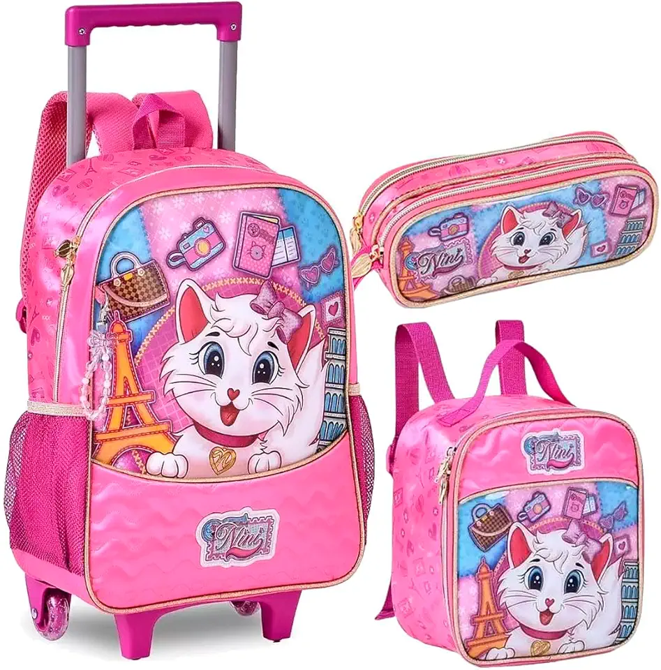 Kit Mochila Infantil Carrinho Rodinha Menina Gatinha Nini
