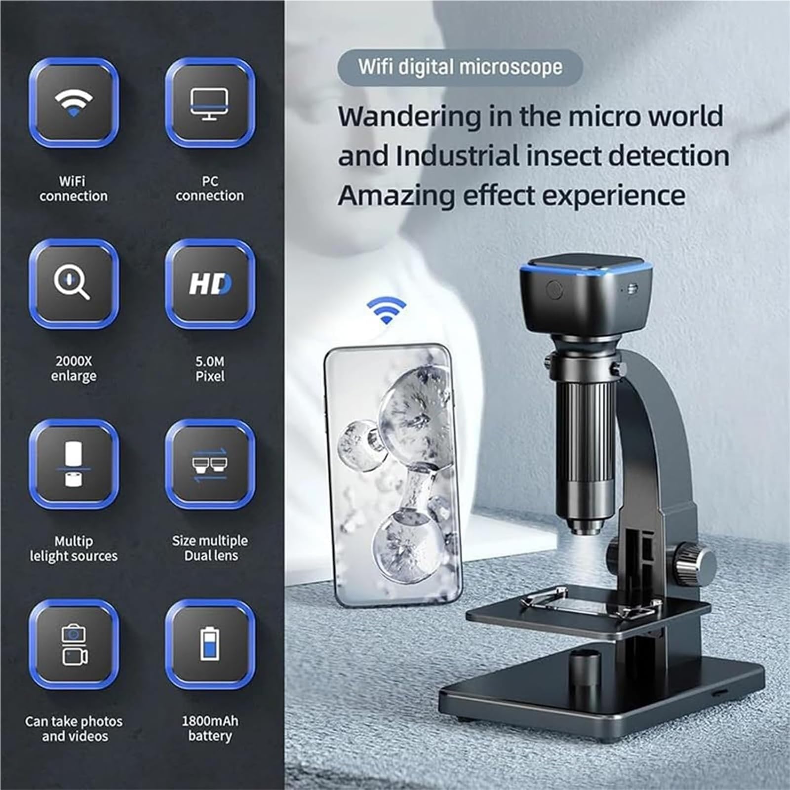Microscopio Digitale con Videocamera, Doppia Lente e Luci LED per Riparazione Elettronica e Ispezione