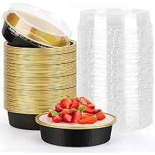 Beasea Aluminum Cupcake Pans With Lids, 4 Inch 50 Pack Disposable Pie Pans For Cake, 8 Oz Aluminum Pie Pan Tin Black Golden Tart Pans Round Oven Baking Mini Cake Pan For Pie Tart Quiche