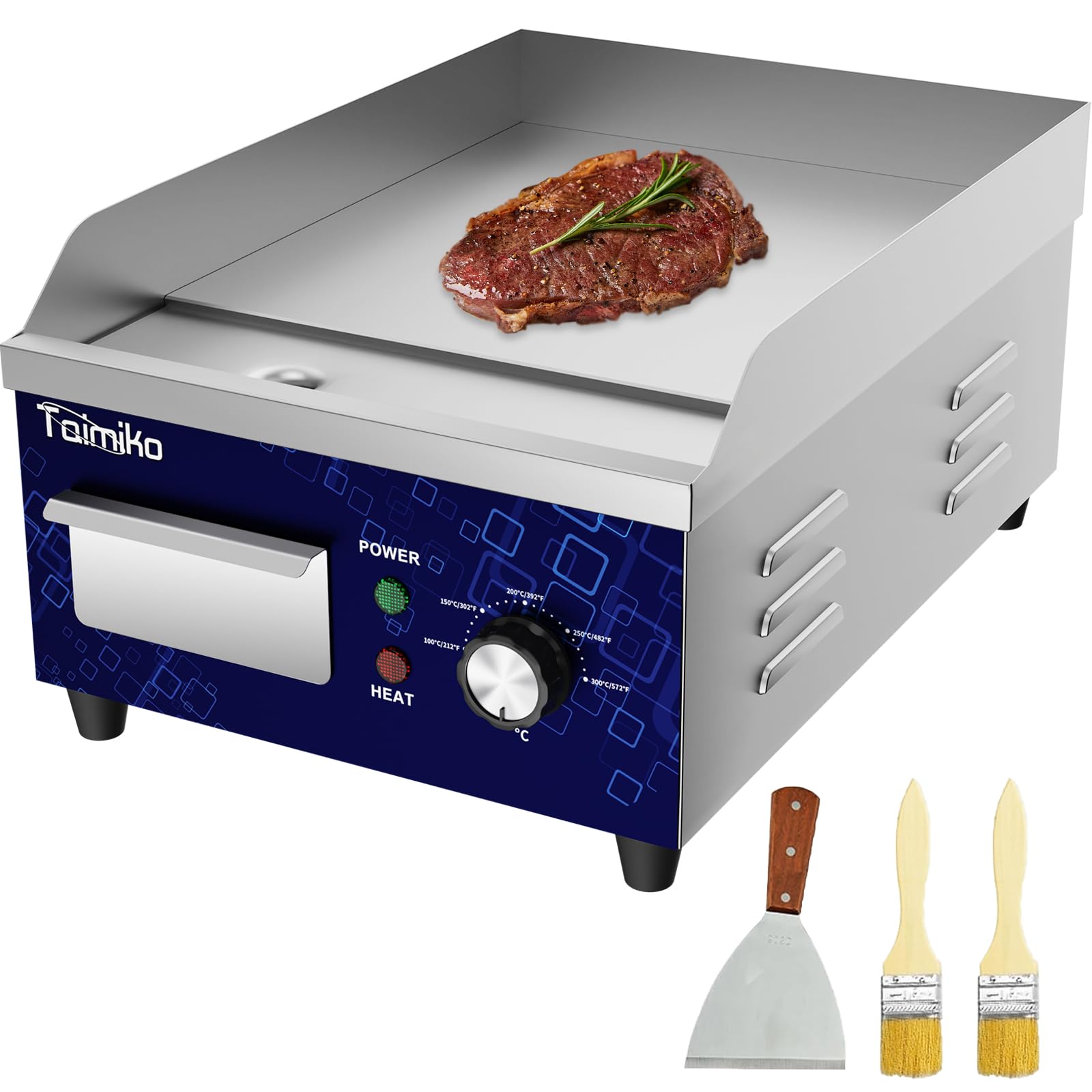 TAIMIKO Griglia elettrica liscia 1700 W Griglia elettrica in acciaio inox in ghisa Gastro Griddle Controllo preciso della temperatura