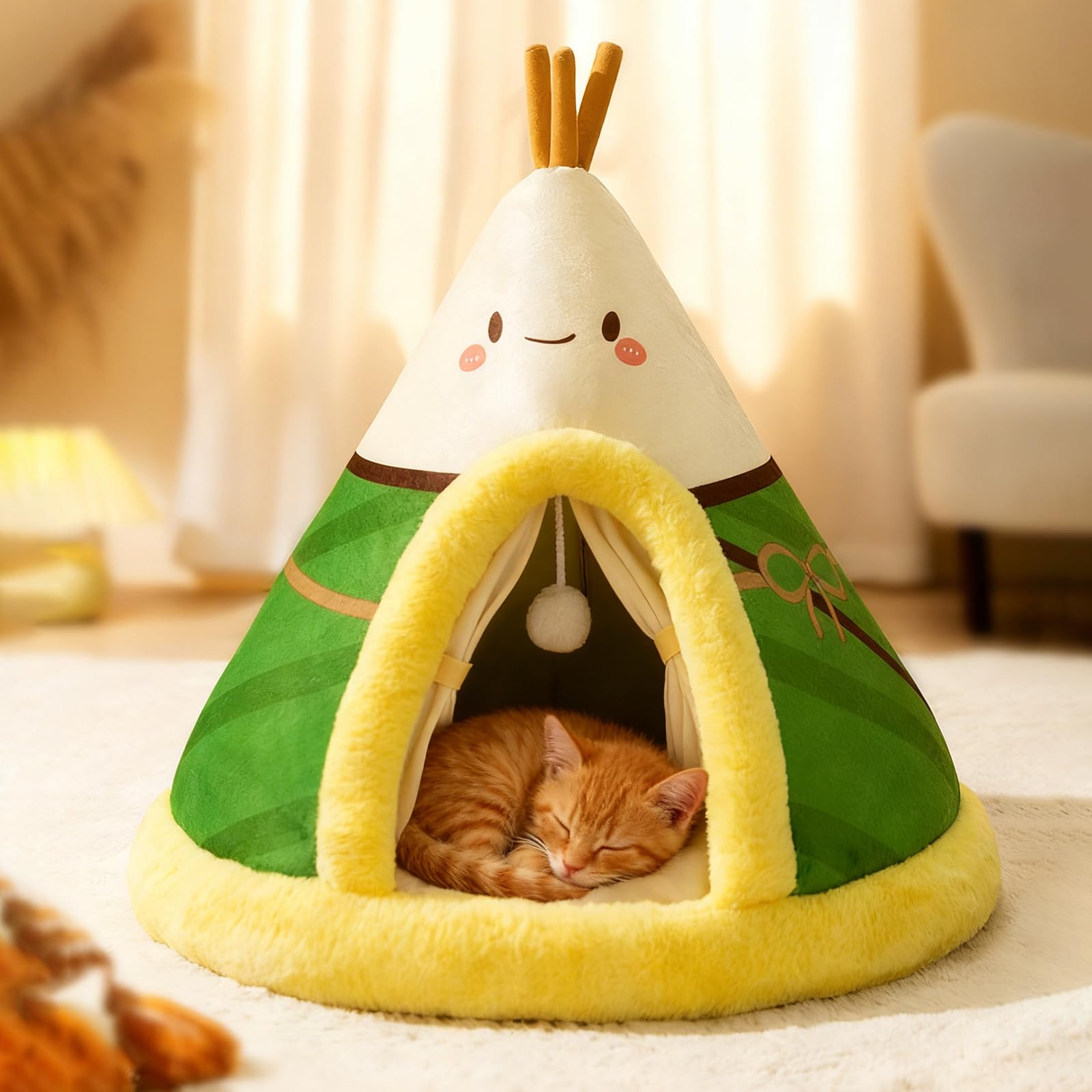 PETCUTE Cuccia per Gatti Semi-Chiusa,Super Morbido,Letto per Gatti con Giocattolo Sospeso e Cuscino Rimovibile Lavabile,Cuccia Gatto Chiusa Interno con Fondo Antiscivolo,XL