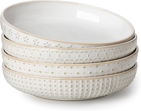 MALACASA Pasta Bowls 48 Oz, 9.5 Inch Large Salad Bowls, Modern Relief Design Ceramic Serving Bowls, Wide and Shallow Plates Pasta Plates, Microwave & Dishwasher Safe, Set of 4, Series LYDIA