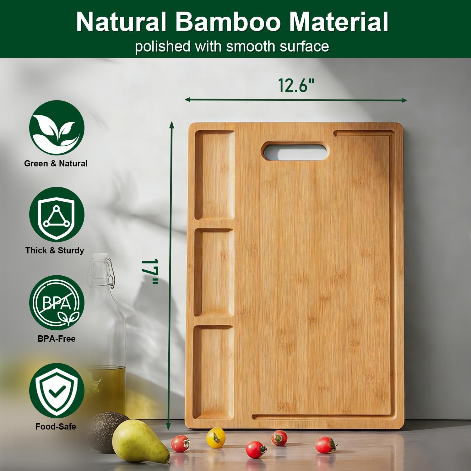 HHXRISE Large Bamboo Cutting Board (17 x 12.6 in) - All-in-One Meal Prep Station with 3 Built-in Compartments & Deep Juice Grooves, Reversible Wood Chopping Board for Meat, Veggies & Charcuterie Tray