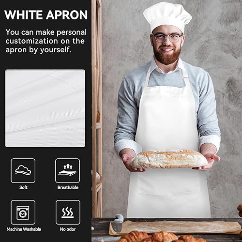 Miniatura 3 de NLUS Sombrero de chef blanco y delantal, juego de disfraz de chef ajustable, delantal de cocina para hornear con 2 bolsillos para hombres y mujeres,