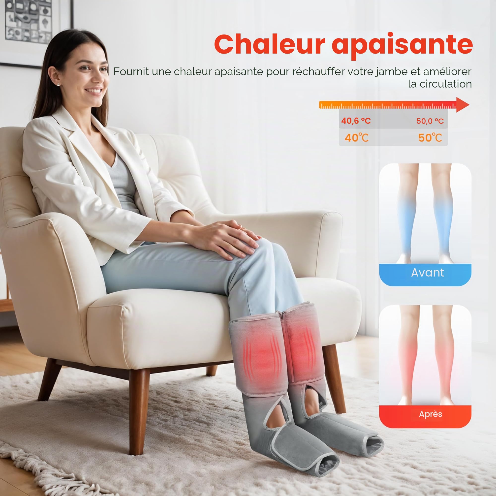 COMFIER Appareil de massage des jambes avec fonction de compression et de chaleur, appareil de massage des pieds et des mollets avec 3 niveaux d'intensité et bottes de massage réglables