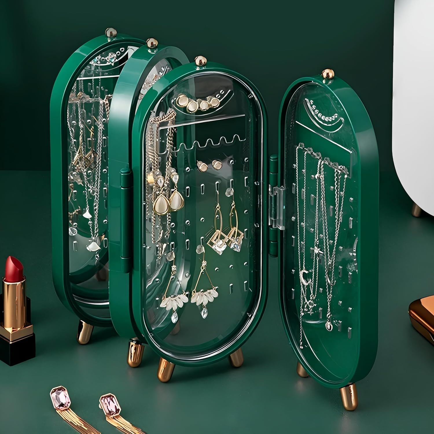 CLA..PONE Foldable Earring Holder Jewelry Organizer Box with Mirror – 4-Layer Dustproof Display Stand with 153 Holes for Women and Girls Necklace, and Stud Holder Jewelry Holder,Green