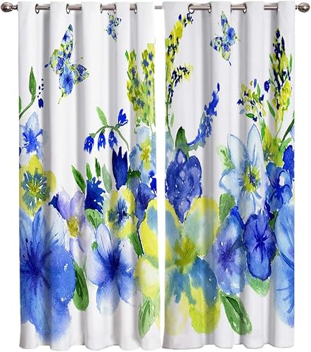 Blackout Curtains Thermal Insulated Watercolor Flower Solid Pattern Metal Grommet Elegant Room Drapes Window Curtain for Bedroom Living Room 52x84
