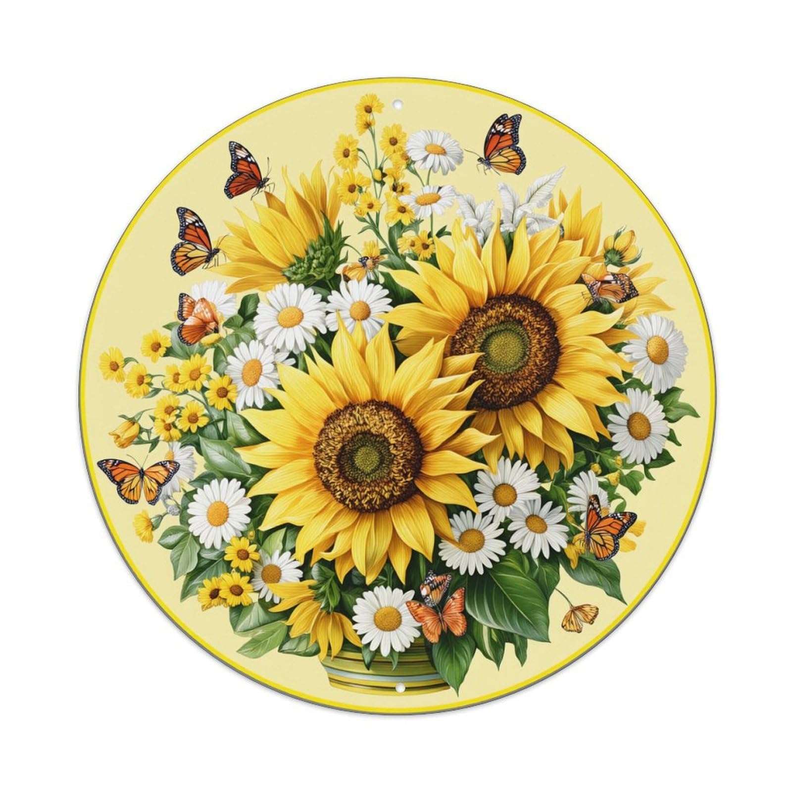 Sunflower Daisy Butterfly Garden Floral Round Tin Sign Retro Metal Sign for Cafe Bar Pub Home Game Room Gym Club Wall Decoration Vintage Metal Poster 8x8 Inch