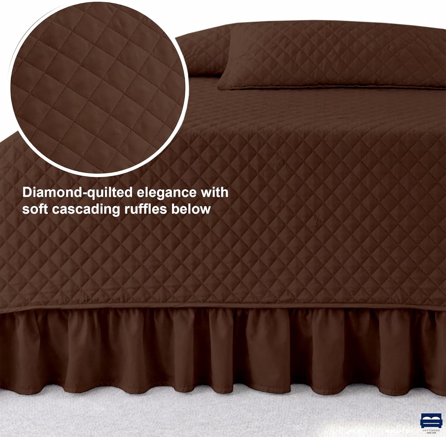 Cottingon 5 Piece Quilted Daybed Set, Twin Size All Season Cozy Daybed Cover with Bed Skirt and 3 Pillow Shams, Diamond Stitch Microfiber Bedding, 75 x 39 Inches, Chocolate