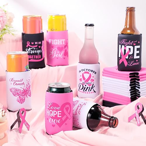 Miniatura 9 de Sunnyray 24 fundas para enfriadores de latas de concienciación sobre el cáncer de mama, cinta rosa, cubierta de cerveza para latas de cerveza,