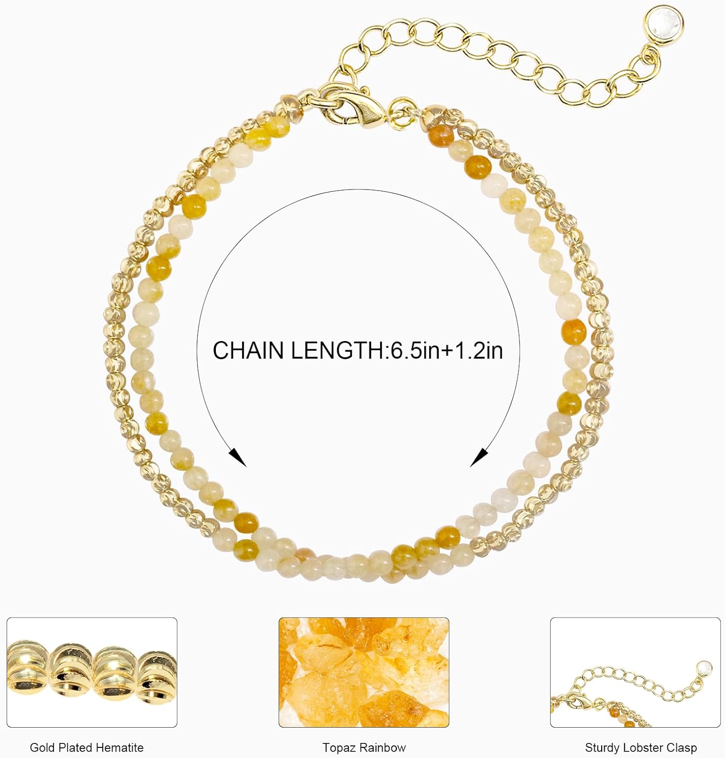 Gold Beaded Gemstone Bracelets for Women, Topaz Aquamarine Garnet Lapis Lazuli Malachite Bracelets, Dainty Stackable Stone Beaded Bracelets with Adjustable Chain, 14K Gold Plated Boho Layered Bracelets - Image 5